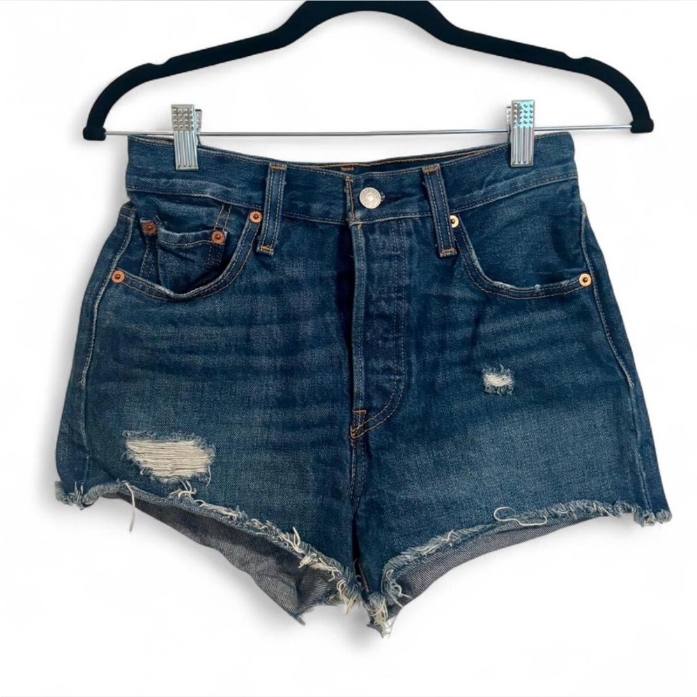Levi's 501 Medium Wash Blue Jean Shorts Distressed Size 25
